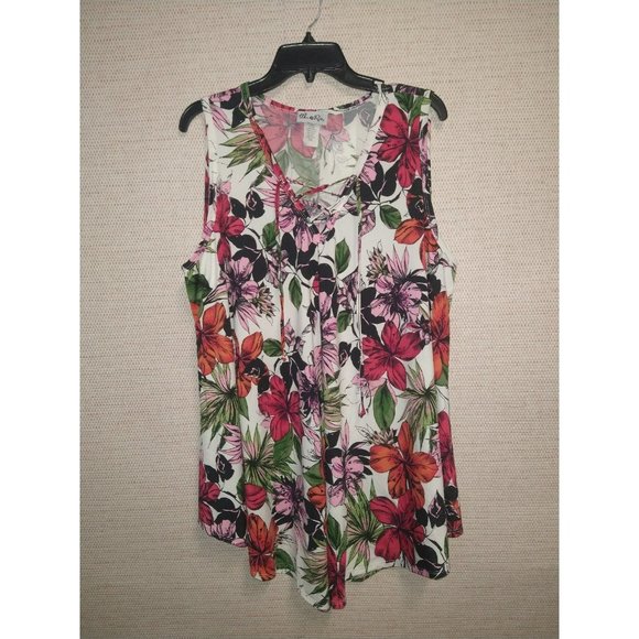 Plus Size Long Length Tropical Floral Blouse Size 3X with front lace up tie - Picture 2 of 7